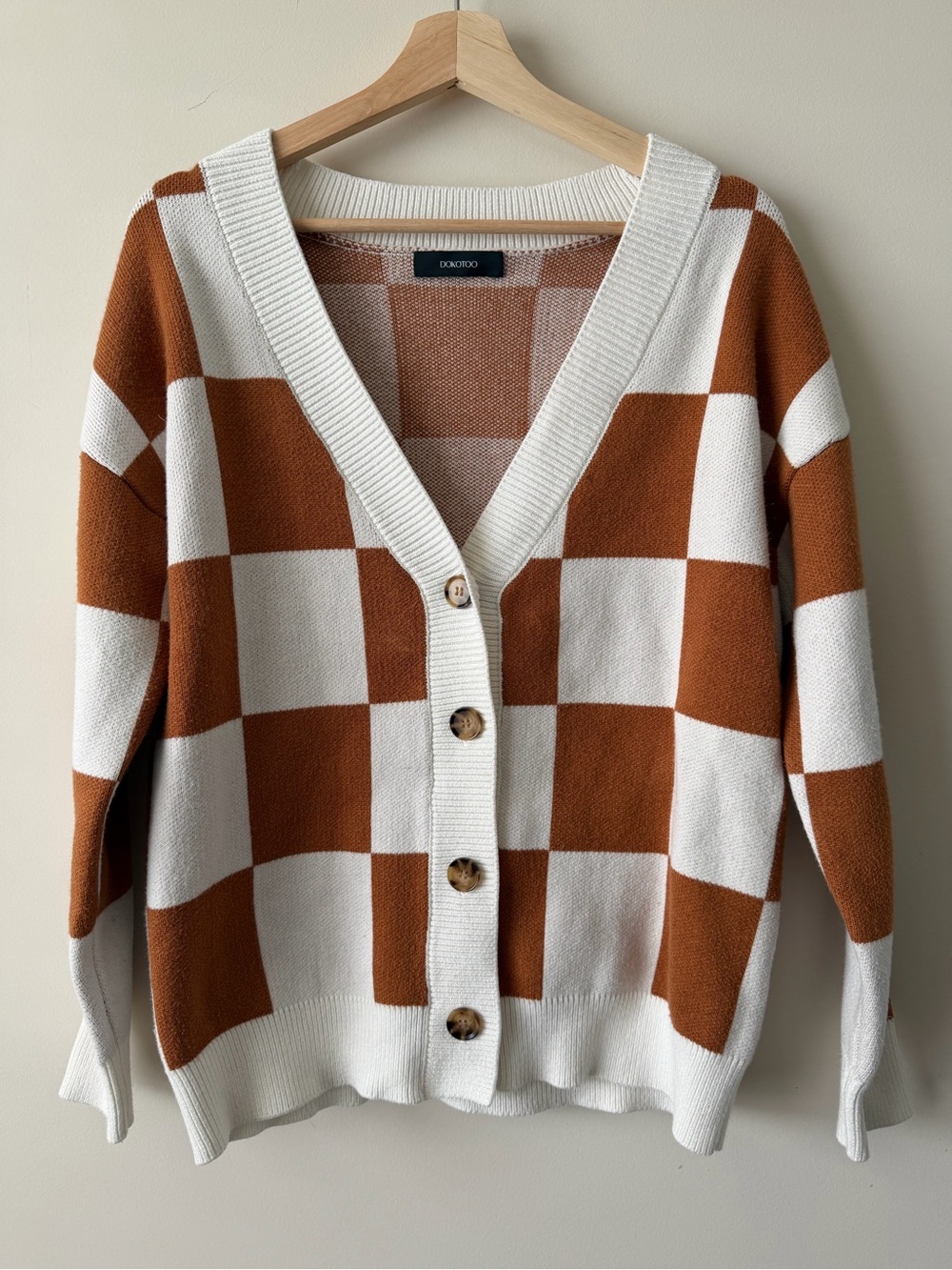 Cream and Rust Checkered V-Neck Button Cardigan